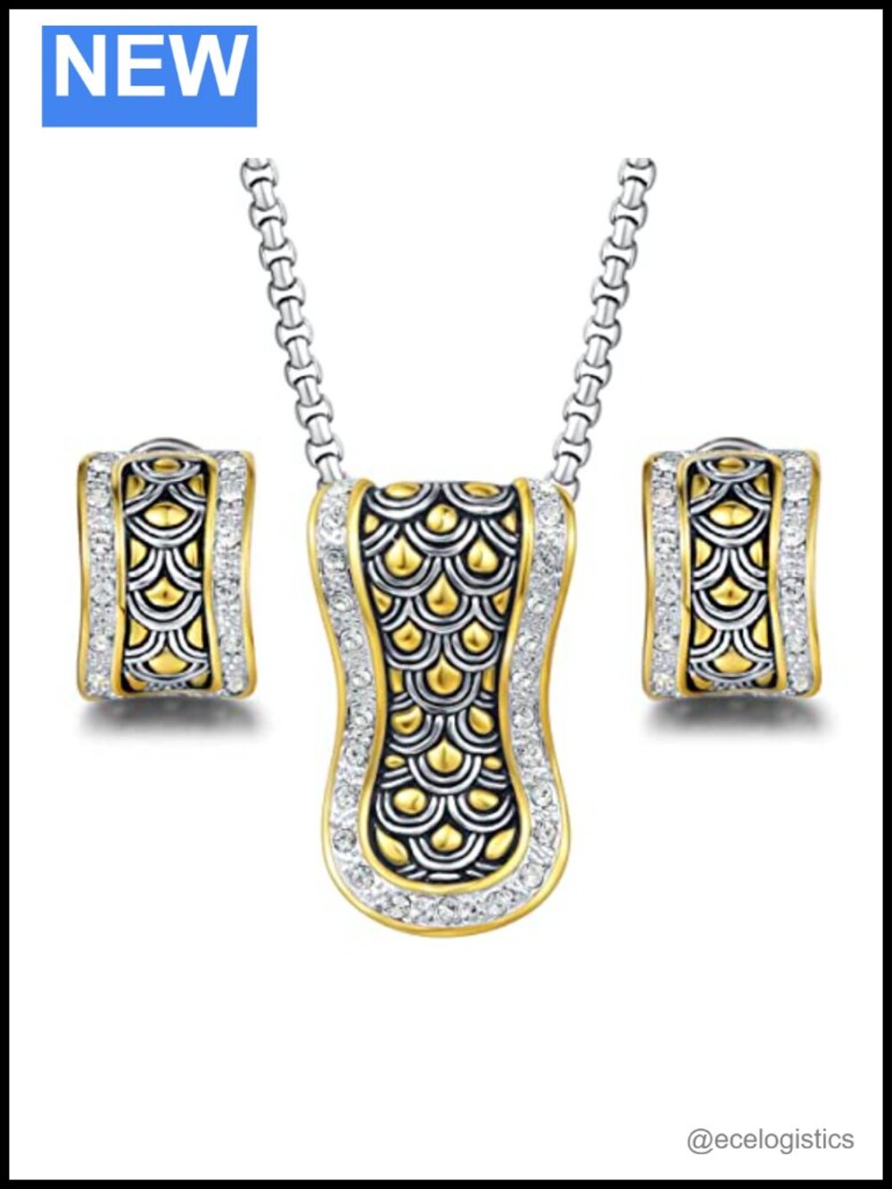 Two Tone Dragon Scale Pendant Necklace French Clip Earrings Set